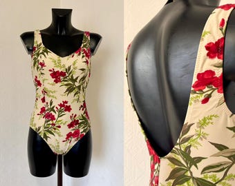 90er Jahre Vintage Badeanzug Damen Retro Bademode Gelb Butter Floral Einteiler Klassisch Badeanzug Rote Blume Badehose Elastisch Größe S / M
