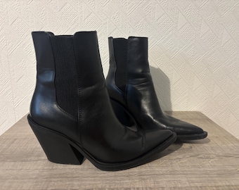 Women's Ankle Cowboy Leather Boots Black Western Boots Leather Boots Elastic Ankle Cowboy's Booties Ranch Boots Zara Boots EU 38/US 7