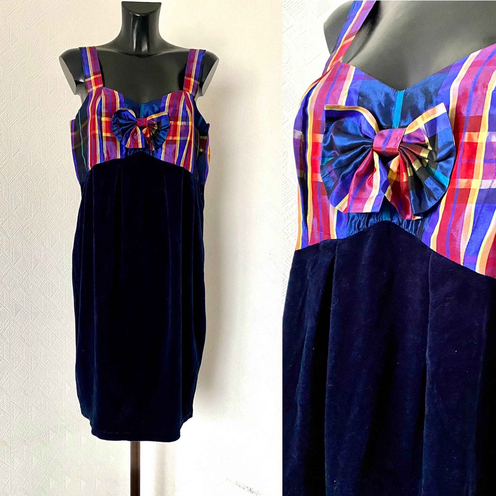 Vintage Blue Velvet Bubble Dress Retro Tartan Bust Strap Dress Bow Summer Disco Evening Dress Purple Checkered Dress Cocktail Dress Size M/L