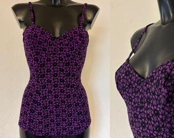 Jaren 70 vintage badpak retro damesbadmode paarse bloemen eendelig klassiek badpak badpak zwarte bloemen elastisch maat S
