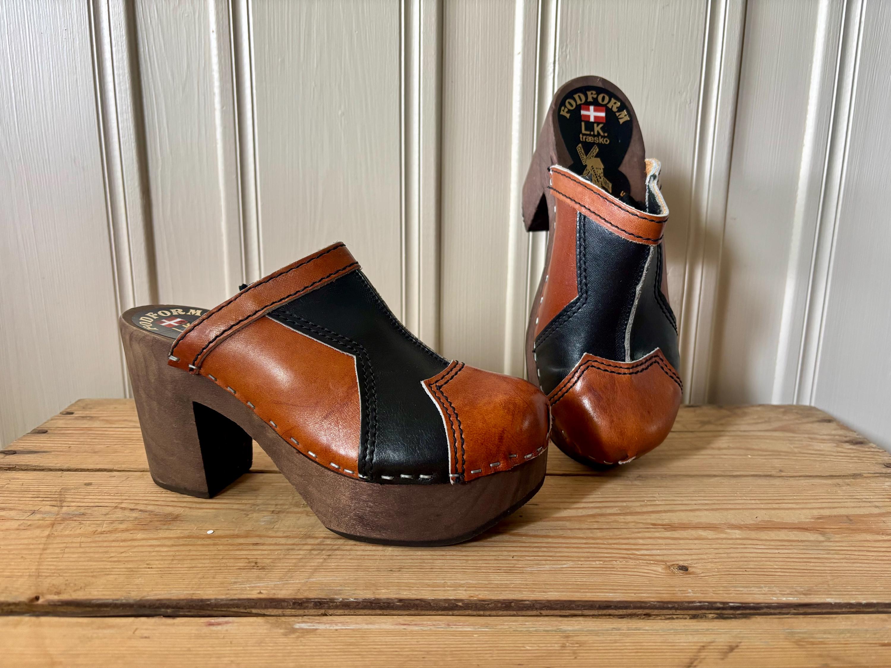 New Vintage Clogs 70s Wood Platform Patchwork Leather Chunky Wood