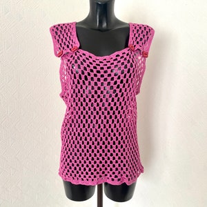 Vtg 90's Crochet Pink Top Festival Transporent Knitted Strap Sleeveless Crocheted Top Boho Midi Hole Hand Made Blouse Check Top Size L image 2