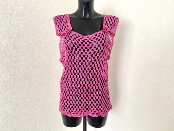 Vtg 90's Crochet Pink Top Festival Transporent Kn… - image 2