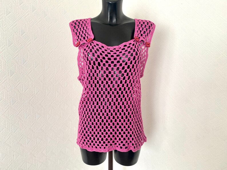 Vtg 90's Crochet Pink Top Festival Transporent Knitted Strap Sleeveless Crocheted Top Boho Midi Hole Hand Made Blouse Check Top Size L image 2