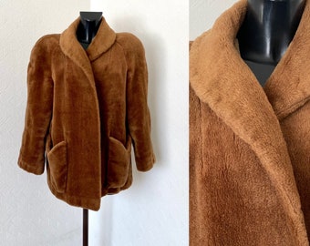 80's Vintage Faux Fur Tedy Coat Warm Bronze Long Jacket Vegan Leather Opened Cardigan Brown Women's Padded Fall / Winter Jacket Size L/XL