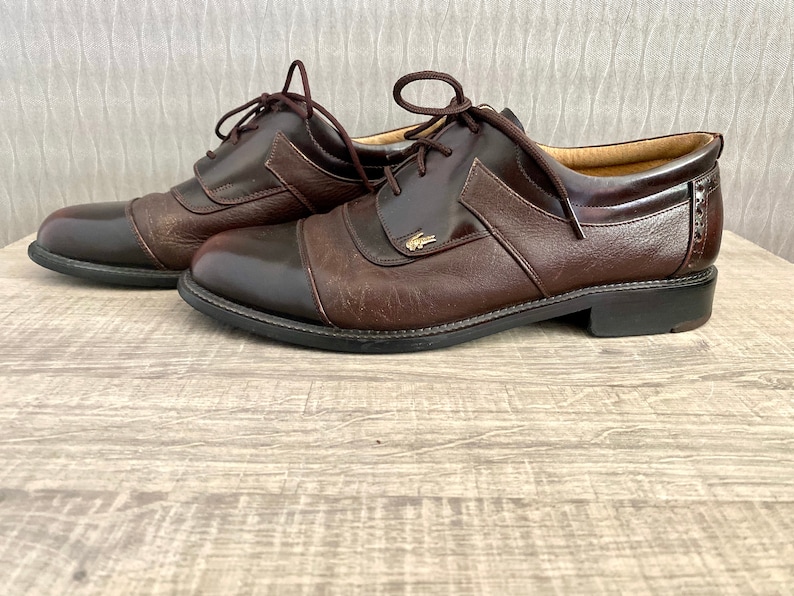 1990s Vintage Lacoste Men's Brown Leather Crocodile Brand Brogue Formal Oxford Lacing Shoes Men's Lacoste Designer Shoes Eu 41,5 /US 8,5 image 1
