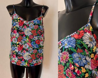 Floral Natural 100% Silk Top Women's Summer Blouse Spaghetti Strap Top Crew Neckline Pullover Light Blouse Bright Pink Rainbow Top Size L