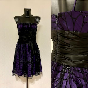 80s Vintage Prom Dress Retro Party Black Purple Floral Shiny Midi Dress Retro Disco Evening Cocktail Gown Avant Gard Bow Tie Dress Size S