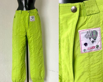 Vintage 80s High Waist Ski Electric Green Pants Hipster Bright Snowsuit Winter Unisex Wear Snow Gear Warm Pants Snowboard Old School Size M