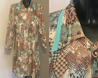 Women's jurk beige blauw Ikat patroon 1970s vintage shirt jurk lange mouwen Office jurk knop omhoog Smock-stijl jurk badjas jurk
