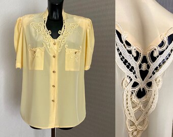 Vintage 90s Yellow Blouse Secretary's Button up Blazer Puff Ruffle Short Sleeves Lace Back and Collar Teacher's Shirt Back to School Size L