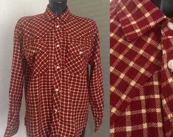 Unisex Red Plaid Cotton Gingham Warm Shirt Long Sleeve Mens Top Red Long Sleeves Shirt Button up Western Chemise Shirt Size S/M