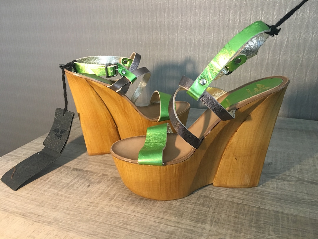 Vintage Extreme 90s New Leather Wood Hight Platform Green Silver