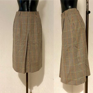 70&#39;s Vintage Pencil Colorful Beige Checkered Wool Skirt Tartan Plaid Skirt Secretary Teacher Casual Warm Autumn Spring Skirt Size M/L