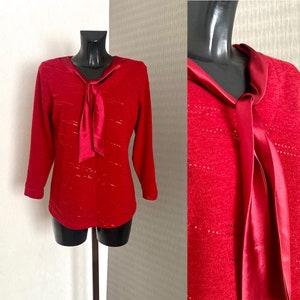 Escote V vintage de la década de 1990 con jersey de punto de mujer rojo lazo blusa top mangas largas cálido brillante top pullover blusa jersey de punto tamaño M / L