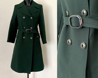 Vintage 1970s Women's Moss Green Wool Coat Double Breasted Coat Retro Elegant Collared Classic Outwear Trench Warm Belted Winter Coat Size S