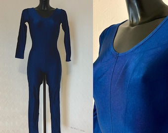 Vintage 80s Long Sleeve One Piece Catsuit Sexy Blue Footless Unitard Gymnastics Bodysuit Gym Lycra Sports Wear Made in West Germany Size S/M