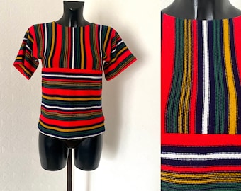 1980er Vintage Gestreifter Rundhals Damen Pullover Top Bunt Kurzarm Gestreift Colorblock Top Pullover Strick Top Gr. M