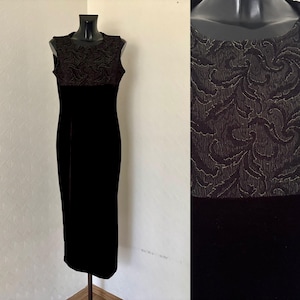 Vintage 90&#39;s Black Velvet Pencil Dress Retro Sleeveless Dress Winter Evening Party Dress Golden Shiny Bust Dress Cocktail Dress Size L