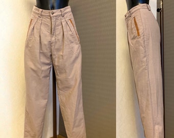 1990 mujer vintage púrpura púrpura pantalón, pantalones beige de alta cintura pantalones pantalones pantalones de algodón suave hecho en Portugal tamaño M