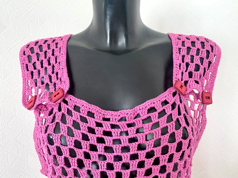 Vtg 90's Crochet Pink Top Festival Transporent Knitted Strap Sleeveless Crocheted Top Boho Midi Hole Hand Made Blouse Check Top Size L image 3