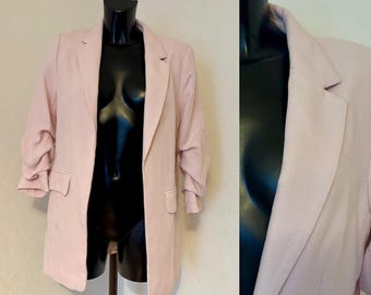 Light Pink Women's Blazer Long Jacket Ruffle Half Sleeve Office Wear Light Jacket Collared No Closure Viscose Blazer Size S MEASURE'S BELOW