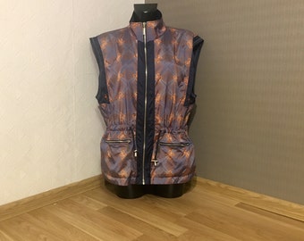 Vintage 90's Jacket Sleeveless Blue Embroidered Orange Flowers Top Athletic Sportswear Floral Patern Nylon Women Vest Jacket Zipper Size M