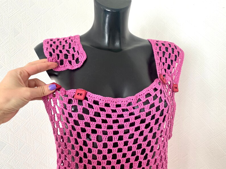 Vtg 90's Crochet Pink Top Festival Transporent Knitted Strap Sleeveless Crocheted Top Boho Midi Hole Hand Made Blouse Check Top Size L image 7
