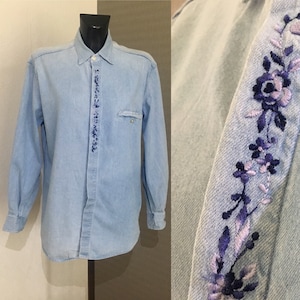 Light Denim Unisex Vintage Shirt Blue Cotton Summer Style Shirt Western Embroidered Purple Flower Pattern  Rockabilly Shirt Men&#39;s Size S