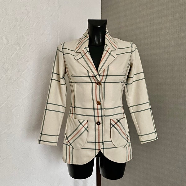 veste beige Vintage Check Jacket XS Taille Femme Blazer Veste Check Pattern Fitted Cotton Office Wear Made In Sweden Cadeau pour les femmes petite taille XS