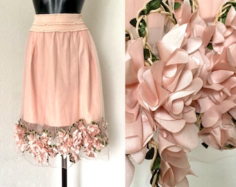 90s Vintage Pink Silky Midi Flower Part Skirt Two Layered Embroidered Romantic A Line Skirt Formal Party Elegant Light Pink Skirt Size M