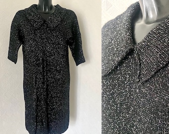 Vtg 90s Knit Black Tunic Jumper Dress Festival Collared Silver Shiny Knitted A-line Half Sleeves Tunic Boho Midi Warm Sweater Dress Size M/L