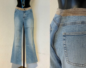 Vintage Washed Out Hip Hop Flare Leg Pants Festival Trousers Denim Jeans Women's Hippie Leather Hip Pants Straight Wide Trousers Size M/L