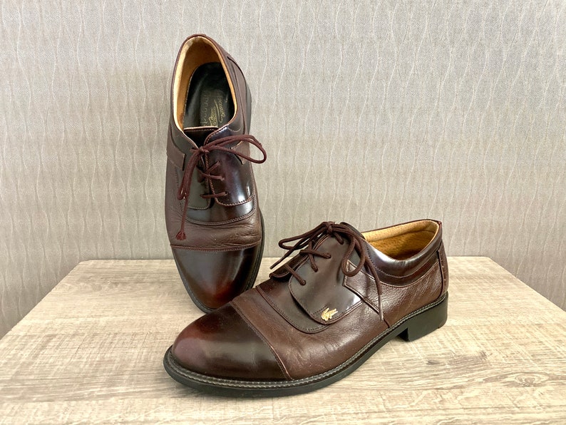 1990s Vintage Lacoste Men's Brown Leather Crocodile Brand Brogue Formal Oxford Lacing Shoes Men's Lacoste Designer Shoes Eu 41,5 /US 8,5 image 2