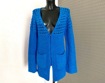 Vtg Blue Hand Knit Jacket Cardigan Knited Warm Festival Winter Jumper Zipper Up Long Sleeves Cardigan Jacket Gift to Mom Hand Made Size M