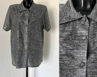 80's Vintage Men's Summer Gray Shiny Shirt Collared Button Up Light Shirt Striped Elastic Padded Unisex Hippie Bohemian Shirt Size XL