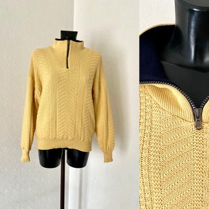 Vtg Herren Pullover Hellgelb Mod Pullover Nordic Pullover Winter Pullover Classic Strick ski gefüttert Pullover Henley High Neck Zipper Up Gr. S/M