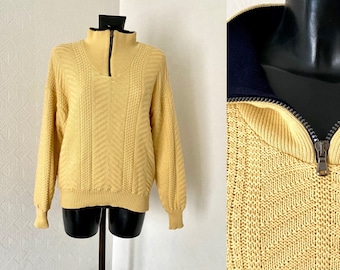 Vtg Mens Sweater Light Yellow Mod Jumper Nordic Sweater Winter Pullover Classic Knitted Ski Lined Jumper Henley High Neck Zipper Up Size S/M