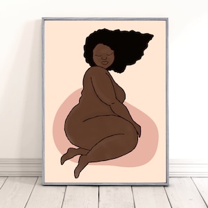 Black Woman Curvy Print, Plus Size Dark Skin Brown Woman Wall Art, Natural Hair Wall Print