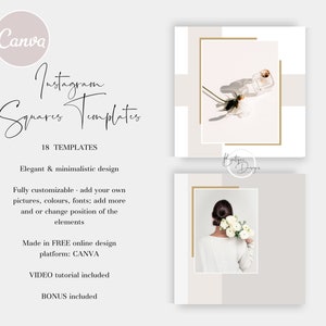 Op de afbeelding: Een set van 18 Instagram vierkante sjablonen voor sociale media. De sjablonen hebben een minimalistisch ontwerp met een neutrale kleurenpalet van wit, beige en goud. De tekst "Instagram Squares Templates" is geschreven in zwarte cursieve lettertypen. De tekst "18 Templates" is geschreven in zwarte sans-serif lettertypen. De tekst "Elegant & minimalistisch ontwerp" is geschreven in zwarte sans-serif lettertypen. De tekst "Volledig aanpasbaar - voeg je eigen afbeeldingen, kleuren, lettertypen toe; voeg meer toe of verander de positie van de elementen" is geschreven in zwarte sans-serif lettertypen. De tekst "Gemaakt in GRATIS online ontwerp platform: CANVA" is geschreven in zwarte sans-serif lettertypen. De tekst "VIDEO tutorial inbegrepen" is geschreven in zwarte sans-serif lettertypen. De tekst "BONUS inbegrepen" is geschreven in zwarte sans-serif lettertypen. De tekst "NATUURLIJKE SCHOONHEID" is geschreven in zwarte sans-serif lettertypen.
