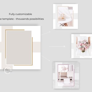 Op de afbeelding: Een sjabloon voor social media-berichten met een gouden frame en een witte achtergrond. Het sjabloon is volledig aanpasbaar en kan voor verschillende doeleinden worden gebruikt. De tekst "Volledig aanpasbaar" en "E&eacute;n sjabloon - duizenden mogelijkheden" wordt bovenaan de afbeelding weergegeven.