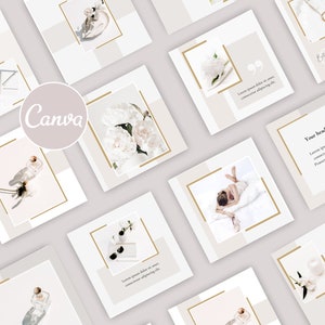 Op de afbeelding: Een set van negen Instagram-posttemplates met een minimalistische esthetiek. De templates hebben een witte achtergrond met gouden accenten en afbeeldingen van bloemen, parfumflesjes en andere vrouwelijke objecten. De tekst "Canva" is zichtbaar in het midden van de afbeelding.