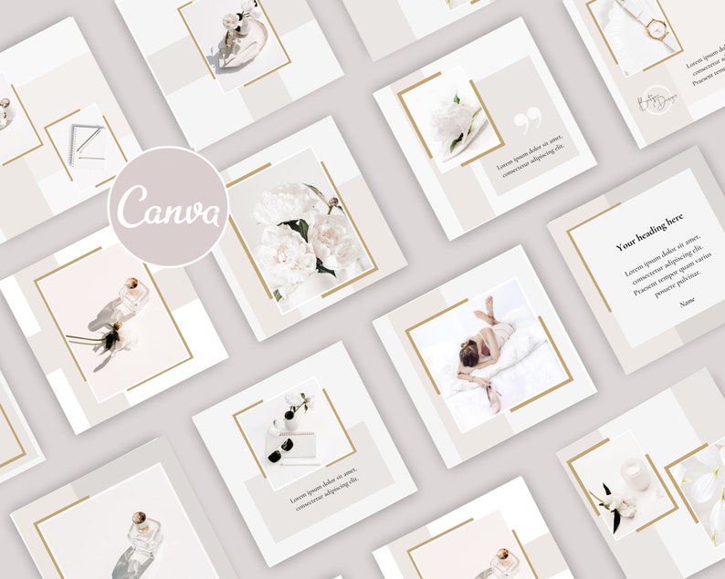 Op de afbeelding: Een set van negen Instagram-posttemplates met een minimalistische esthetiek. De templates hebben een witte achtergrond met gouden accenten en afbeeldingen van bloemen, parfumflesjes en andere vrouwelijke objecten. De tekst "Canva" is zichtbaar in het midden van de afbeelding.