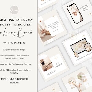 May include: A set of 23 Instagram post templates for luxury brands. The templates feature a modern, elegant design with a neutral colour palette of beige and gold. The templates are fully customisable and can be used to promote new products, share blog posts, and more.