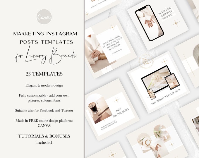 Marketing Instagram Posts Templates for Luxury Brands, Bloggers and Influencers | Blogger Templates, Social Media Pack, Canva Template