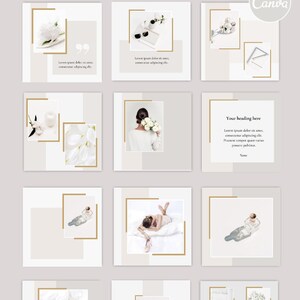 Op de afbeelding: Een set van 12 Instagram-posttemplates met een minimalistische esthetiek met witte achtergronden, gouden accenten en afbeeldingen van bloemen, vrouwen en andere natuurlijke elementen. De tekst "NATURAL BEAUTY" staat bovenaan de afbeelding, en de tekst "INSTAGRAM POSTS CANVA TEMPLATES" staat eronder. De tekst "Canva" staat in de rechterbovenhoek van de afbeelding. De tekst "www.NorthRow.eu" staat onderaan de afbeelding.