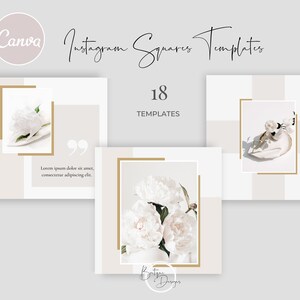 Op de afbeelding: 18 Instagram-vierkante sjablonen met een minimalistisch ontwerp met witte bloemen en gouden accenten. De tekst "Lorem ipsum dolor sit amet, consectetur adipiscing elit." is opgenomen in een van de sjablonen.