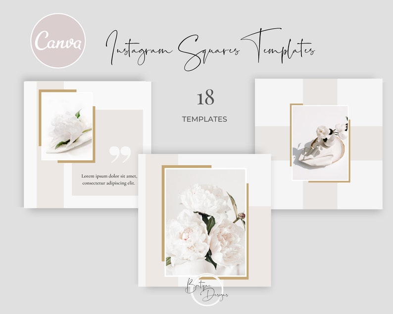 Op de afbeelding: 18 Instagram-vierkante sjablonen met een minimalistisch ontwerp met witte bloemen en gouden accenten. De tekst "Lorem ipsum dolor sit amet, consectetur adipiscing elit." is opgenomen in een van de sjablonen.