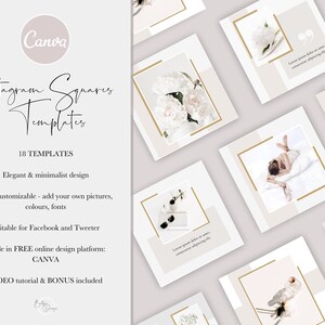 Op de afbeelding: Een set van 18 aanpasbare Instagram-vierkante sjablonen met een minimalistisch ontwerp. De sjablonen hebben een witte achtergrond met gouden accenten en afbeeldingen van bloemen, een vrouw die op een bed ligt en zonnebrillen. De tekst "Canva" en "Instagram-vierkante sjablonen" is zichtbaar in de afbeelding.