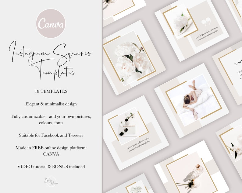 Op de afbeelding: Een set van 18 aanpasbare Instagram-vierkante sjablonen met een minimalistisch ontwerp. De sjablonen hebben een witte achtergrond met gouden accenten en afbeeldingen van bloemen, een vrouw die op een bed ligt en zonnebrillen. De tekst "Canva" en "Instagram-vierkante sjablonen" is zichtbaar in de afbeelding.